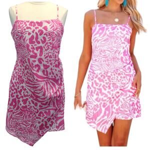 Dee Elly Womens XL Mini‎ Dress Asymmetrical Hem Pink White Animal Print Summer